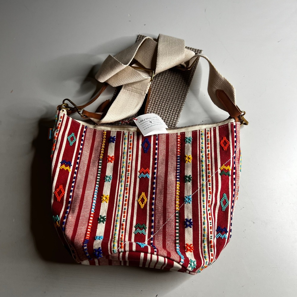 Ubuntu Life Red Striped Beaded Canvas Crossbody Bag Handmade Kenya Boho
